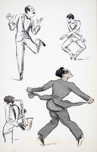 Drie heren in zwarte stropdas voeren bewegingen uit van de Charleston op een saxofoon, uit White Bottoms, uitgegeven 1927